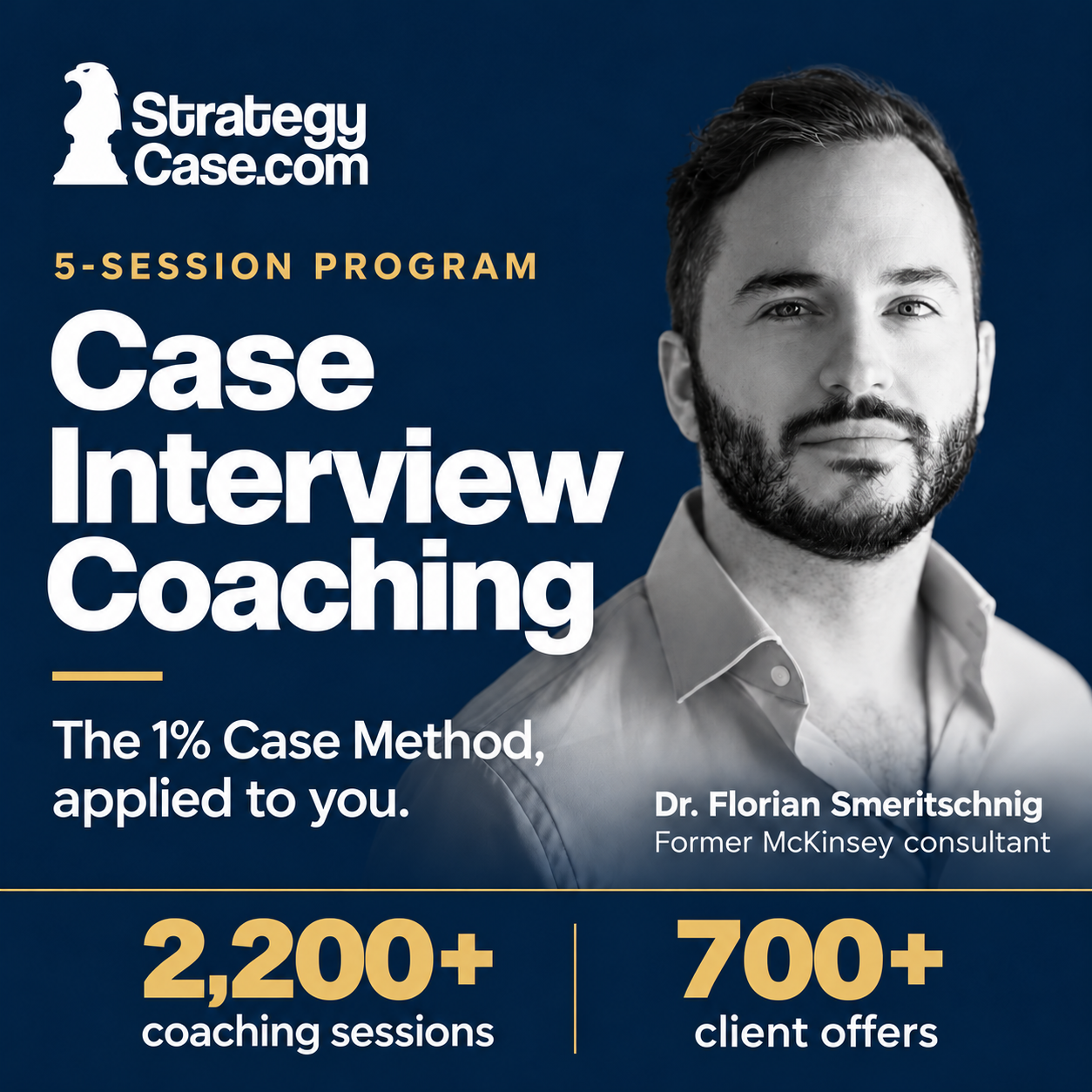 StrategyCase 5-session case interview coaching program with Dr. Florian Smeritschnig, former McKinsey consultant, featuring The 1% Case Method applied to your preparation.