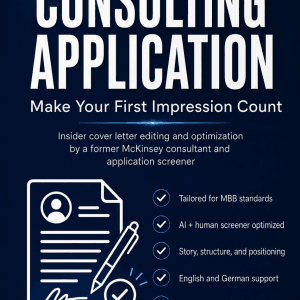 Consulting cover letter editing service with document checklist and StrategyCase logo.