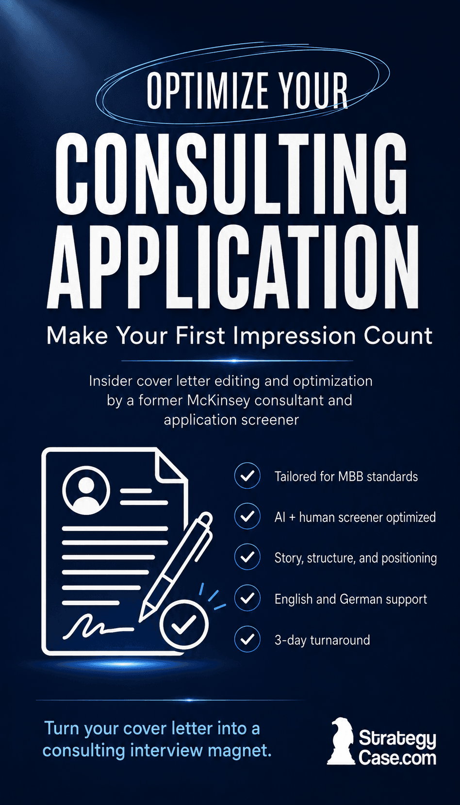 Consulting cover letter editing service with document checklist and StrategyCase logo.