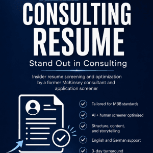 Consulting resume editing service with resume checklist and StrategyCase logo.