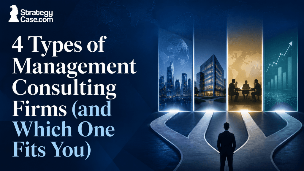 StrategyCase.com cover showing four types of management consulting firms as distinct career paths leading to different business environments.