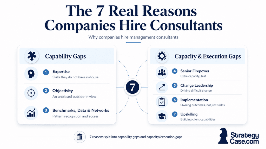 why-companies-hire-management-consultants-7-reasons The 7 real reasons why companies hire management consultants, grouped into capability gaps and capacity gaps