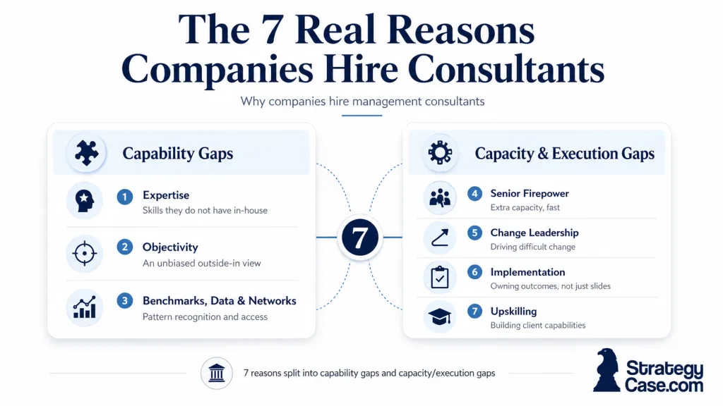 why-companies-hire-management-consultants-7-reasons The 7 real reasons why companies hire management consultants, grouped into capability gaps and capacity gaps