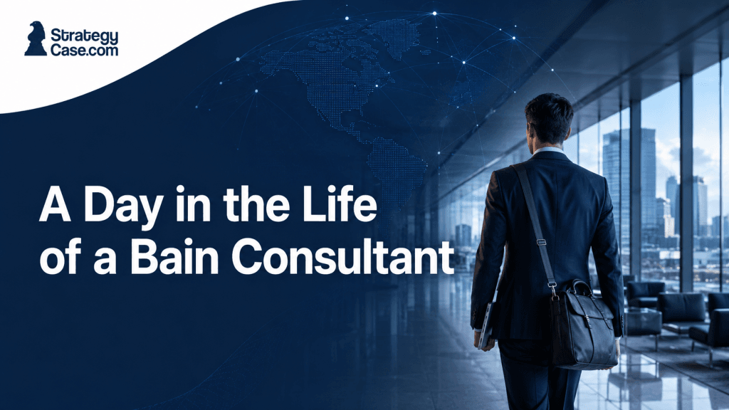 Cover image for an article about the daily life of a Bain consultant, showing a consultant walking through a modern office with a professional business setting.
