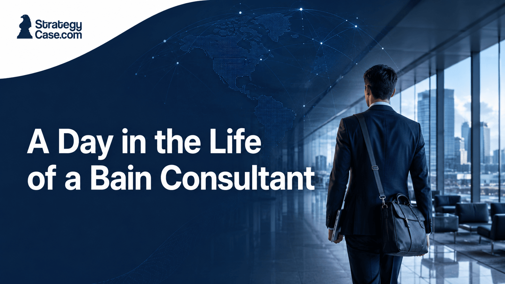 Cover image for an article about the daily life of a Bain consultant, showing a consultant walking through a modern office with a professional business setting.