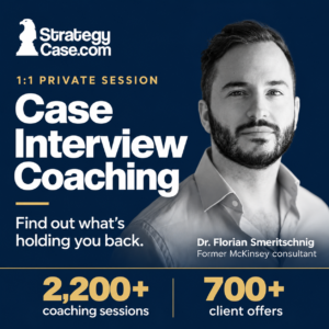 StrategyCase one-to-one case interview coaching with Dr. Florian Smeritschnig, former McKinsey consultant, highlighting 2,200+ coaching sessions and 700+ client offers.