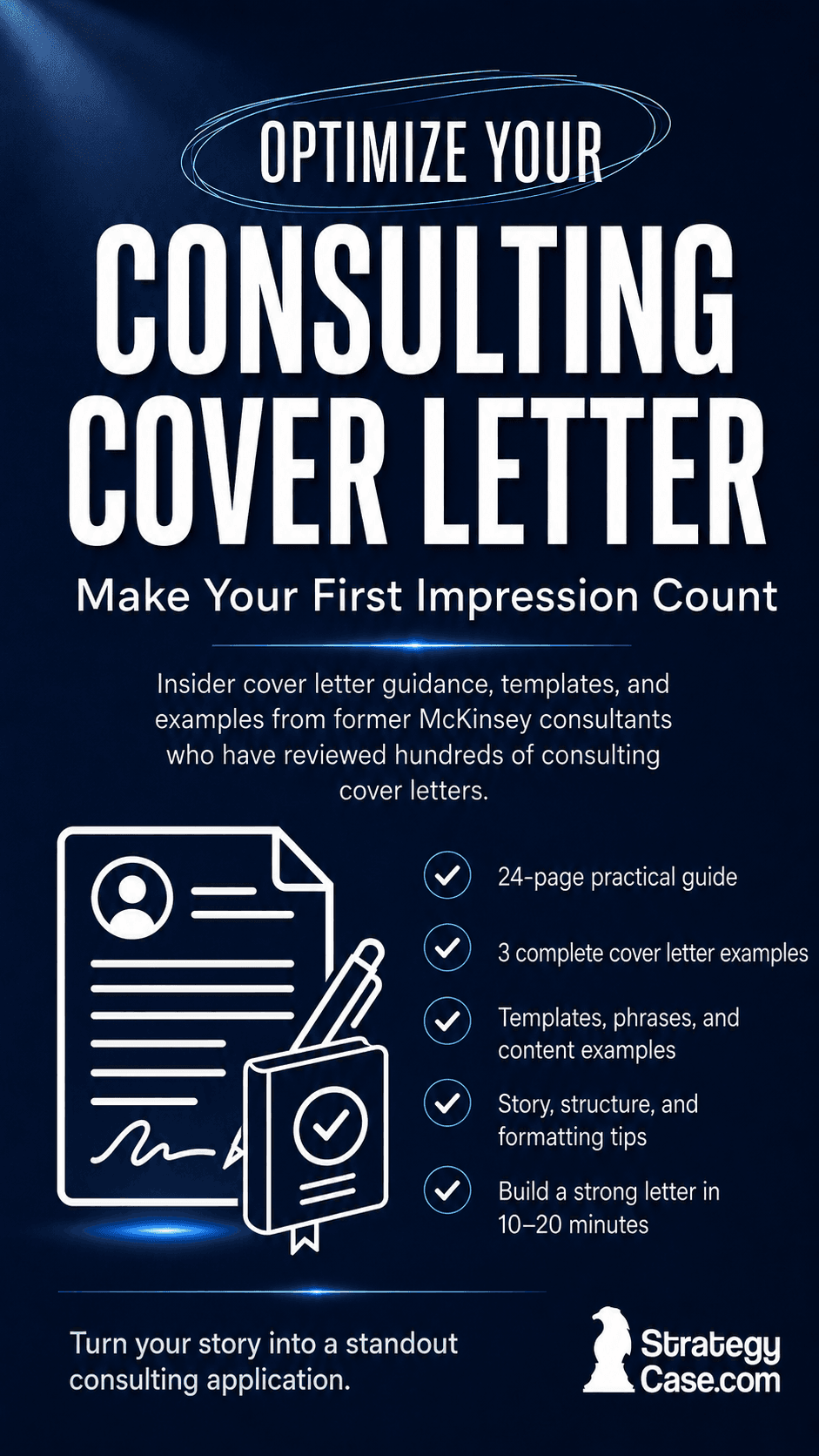 Consulting cover letter guide with templates, examples, and StrategyCase logo.