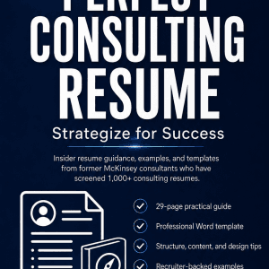 Consulting resume guide with template, recruiter tips, and StrategyCase logo.