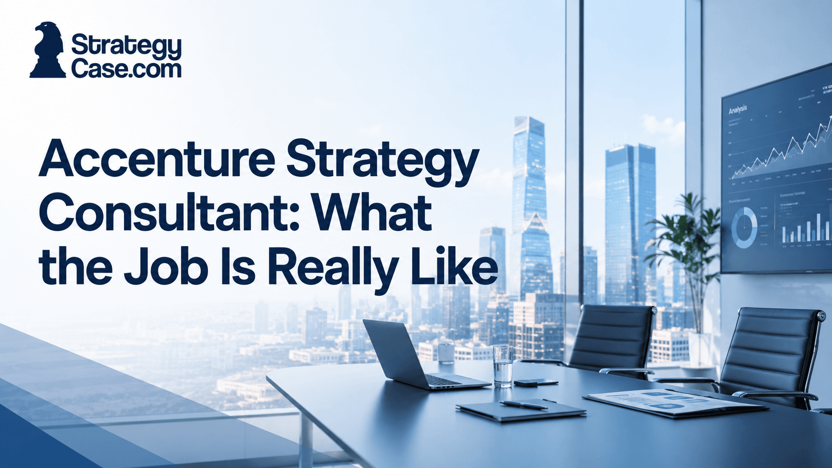 Accenture Strategy consultant career cover with a modern office, city skyline, and analytics dashboard