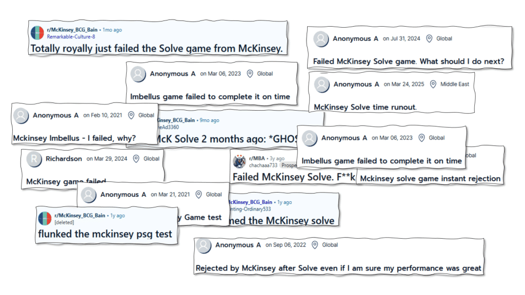 Collage of online forum posts from candidates discussing failing the McKinsey Solve Game.