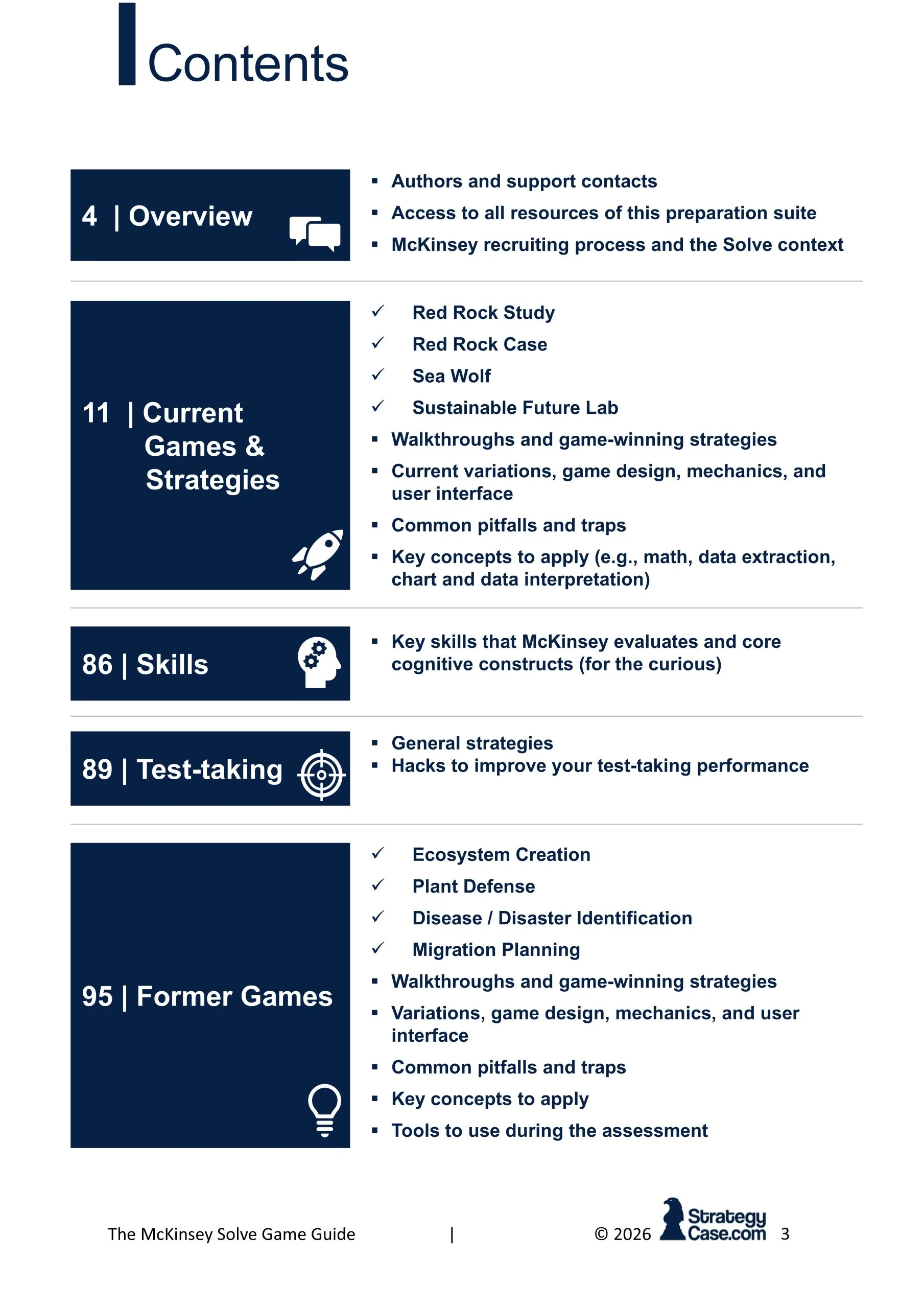 the image shows the table of contents of the strategycase.com mckinsey solve game guide v24