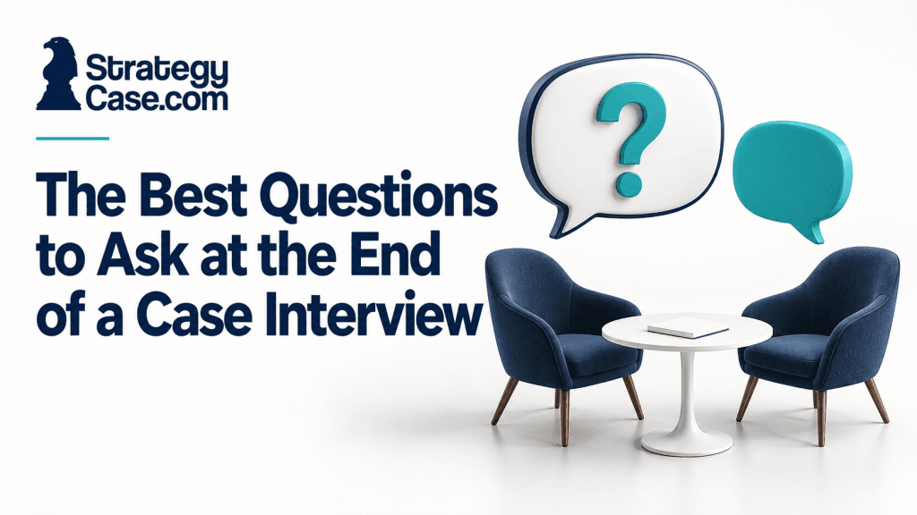 Two interview chairs beneath speech bubbles and a question mark, illustrating questions to ask after a case interview.