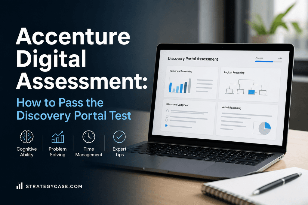 Professional cover image for an Accenture Digital Assessment guide showing a laptop with a Discovery Portal Assessment dashboard and key preparation areas including cognitive ability, problem solving, time management, and expert tips.