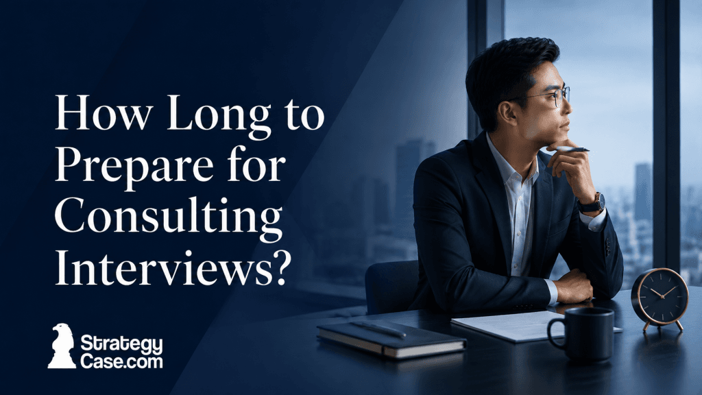 Consulting candidate planning interview preparation with a clock and notes in a professional office setting.