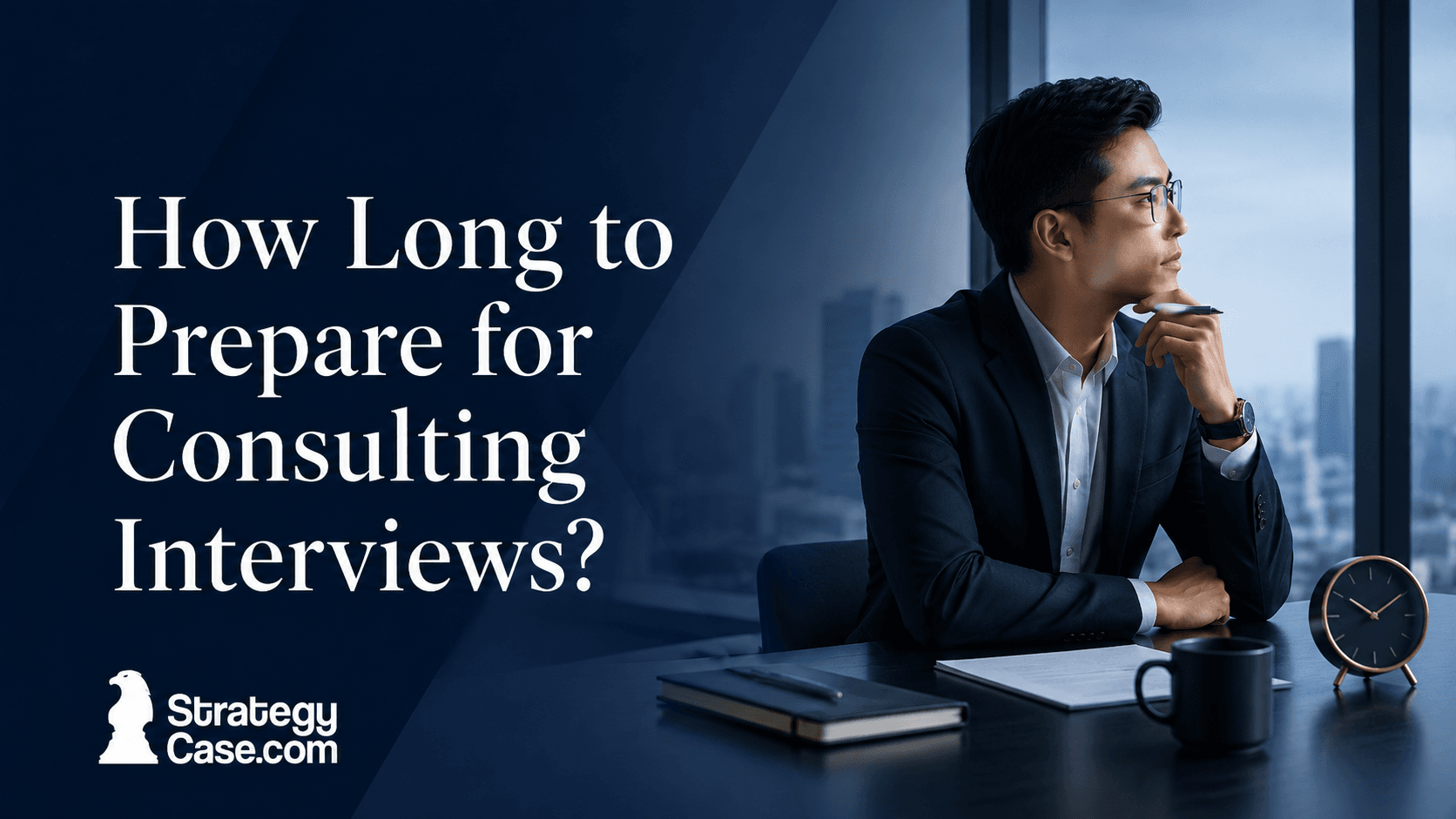 Consulting candidate planning interview preparation with a clock and notes in a professional office setting.