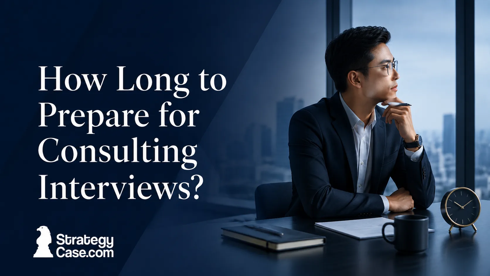 Consulting candidate planning interview preparation with a clock and notes in a professional office setting.