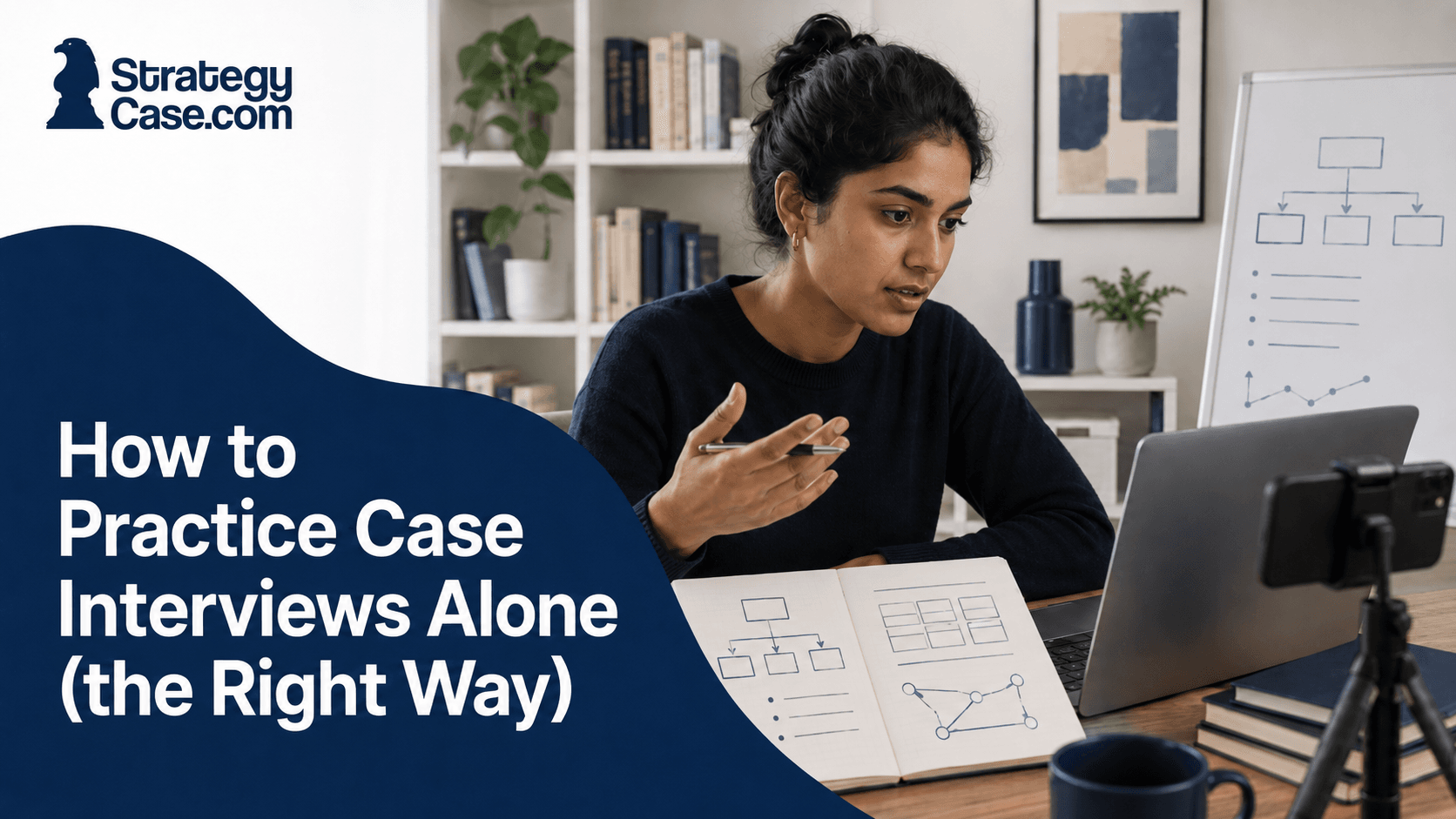 Candidate practicing case interviews alone with a laptop, notebook, and case frameworks