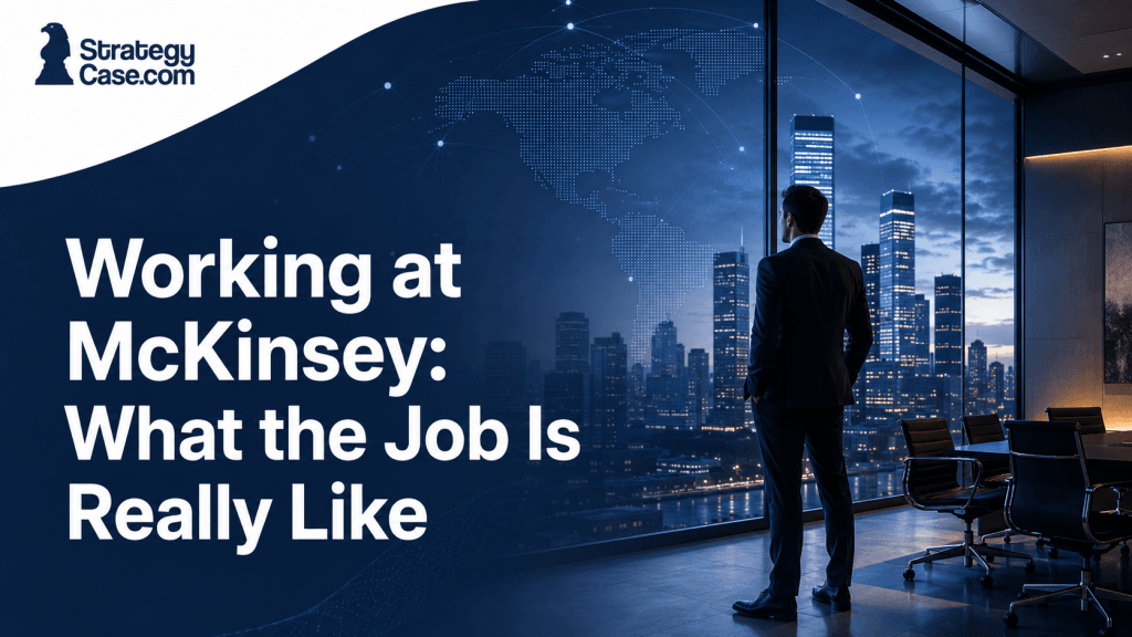 Cover image for an article about working at McKinsey, showing a consultant standing in a high-rise meeting room overlooking a city skyline.