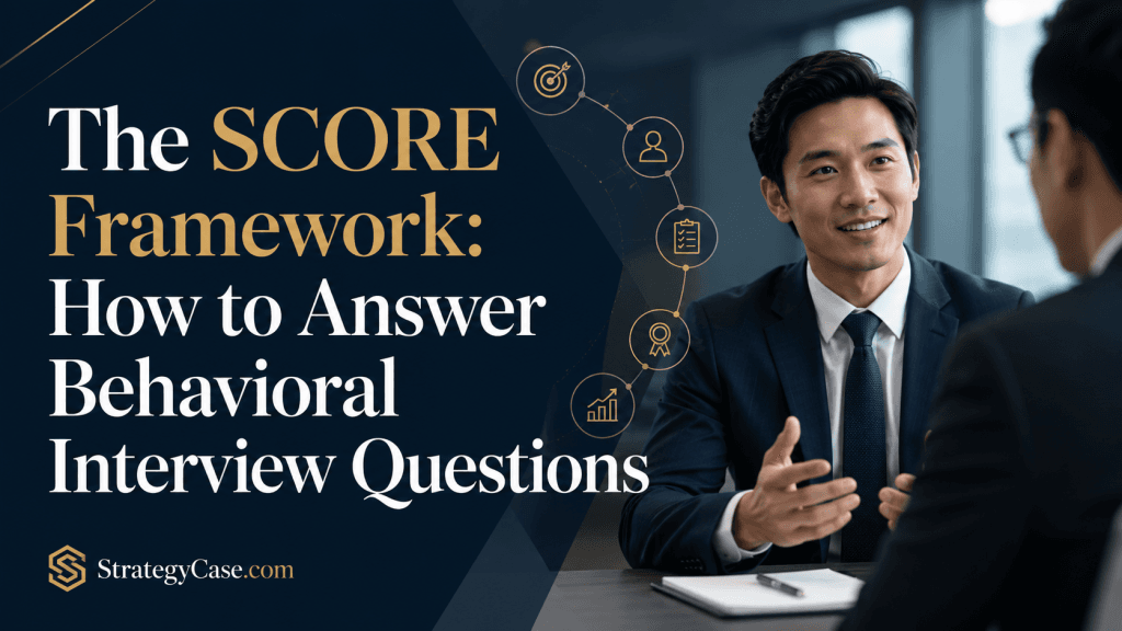 Cover image showing the title “The SCORE Framework: How to Answer Behavioral Interview Questions” beside a professional interview scene, with a candidate explaining an answer across the table and subtle framework icons illustrating structured storytelling.