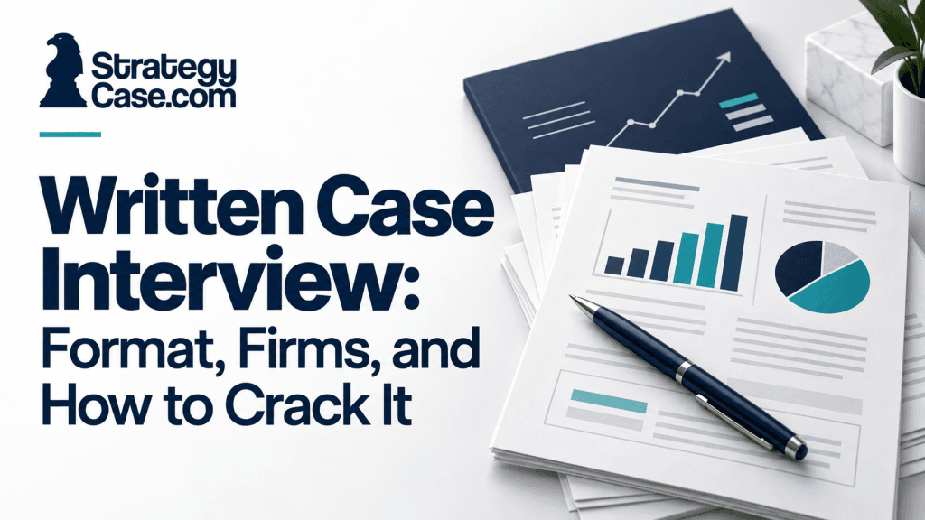 Case-study documents, charts, and a pen illustrating written case interview preparation, with the StrategyCase.com logo.