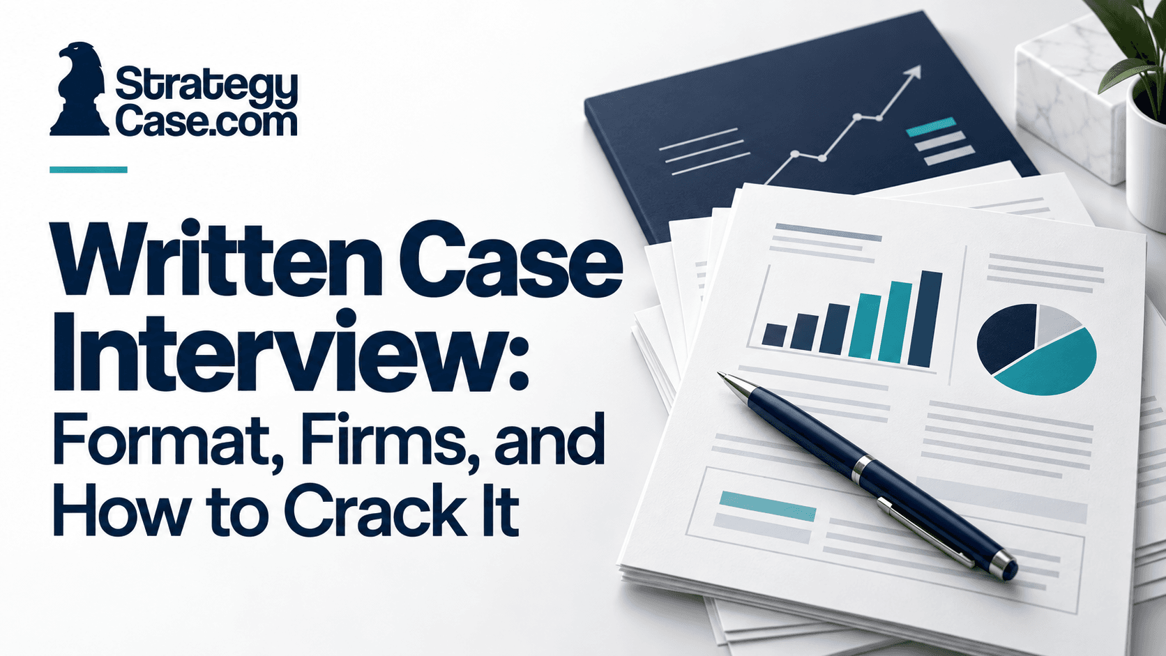 Case-study documents, charts, and a pen illustrating written case interview preparation, with the StrategyCase.com logo.