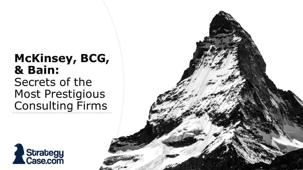 the image is the cover of an article on the top 3 consulting firms mckinsey bcg and bain. it displays the title and a mountain peak as a symbol of success.