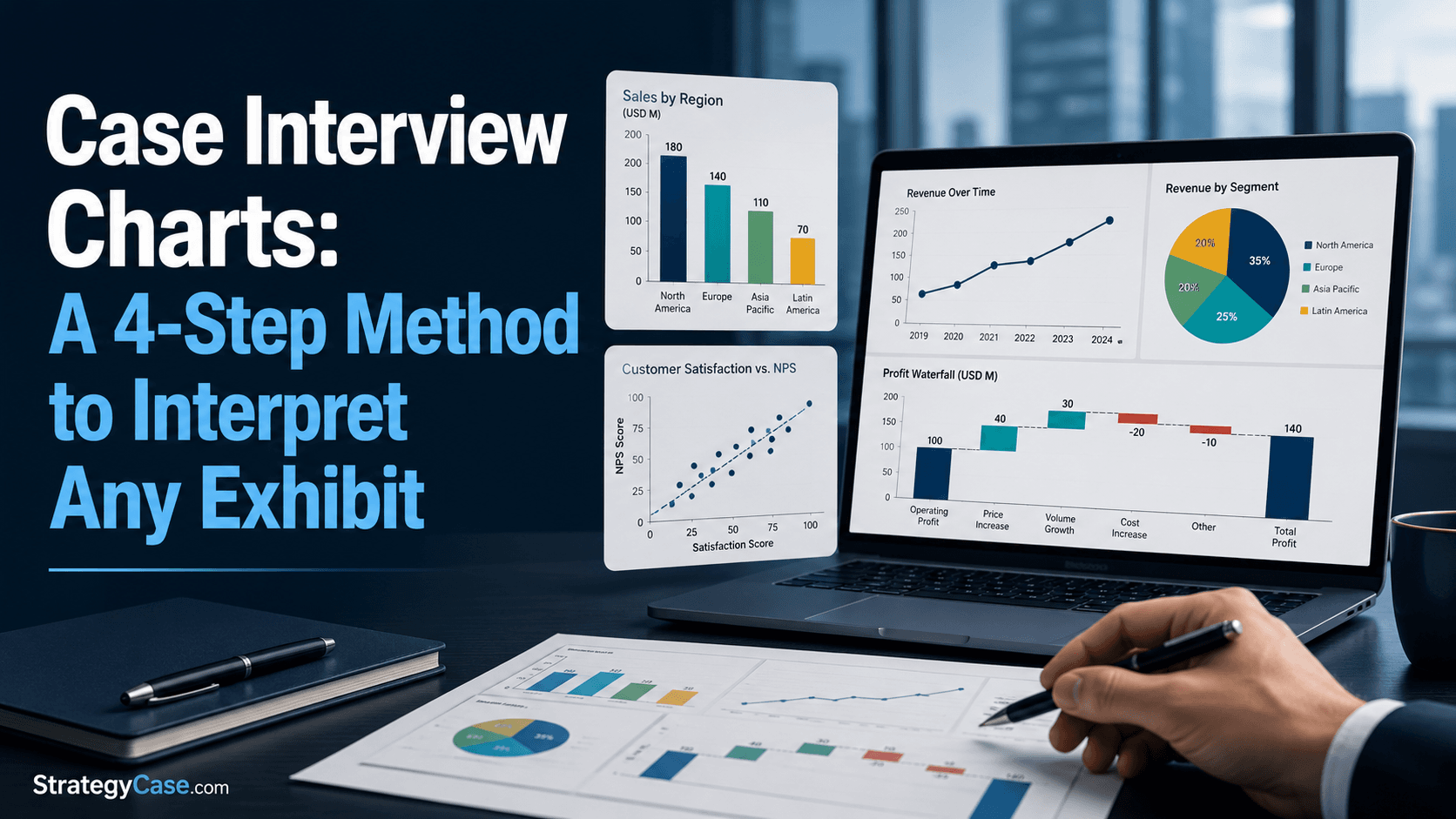 Article cover showing multiple business charts and exhibits on a laptop and printed report, with the headline “Case Interview Charts: A 4-Step Method to Interpret Any Exhibit” and a small StrategyCase.com logo in the bottom-left corner.