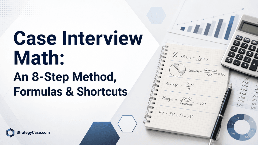 Article cover image for “Case Interview Math: An 8-Step Method, Formulas & Shortcuts,” featuring a clean consulting-style layout with formulas, charts, a notebook, calculator, and StrategyCase.com branding in the bottom-left corner.