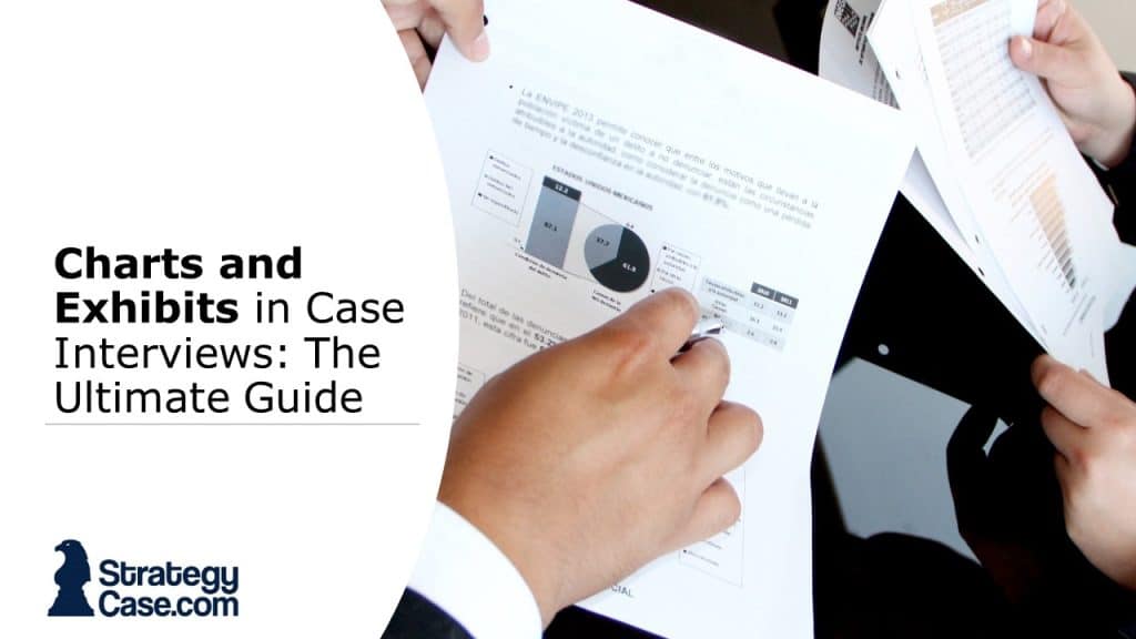 the image is the cover for an article on case interview charts and exhibits. It contains a person holding several pieces of paper with charts.