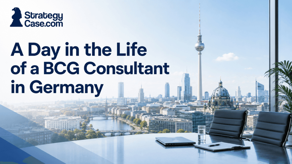 Day in the life of a BCG consultant in Germany cover with a modern office and Berlin skyline