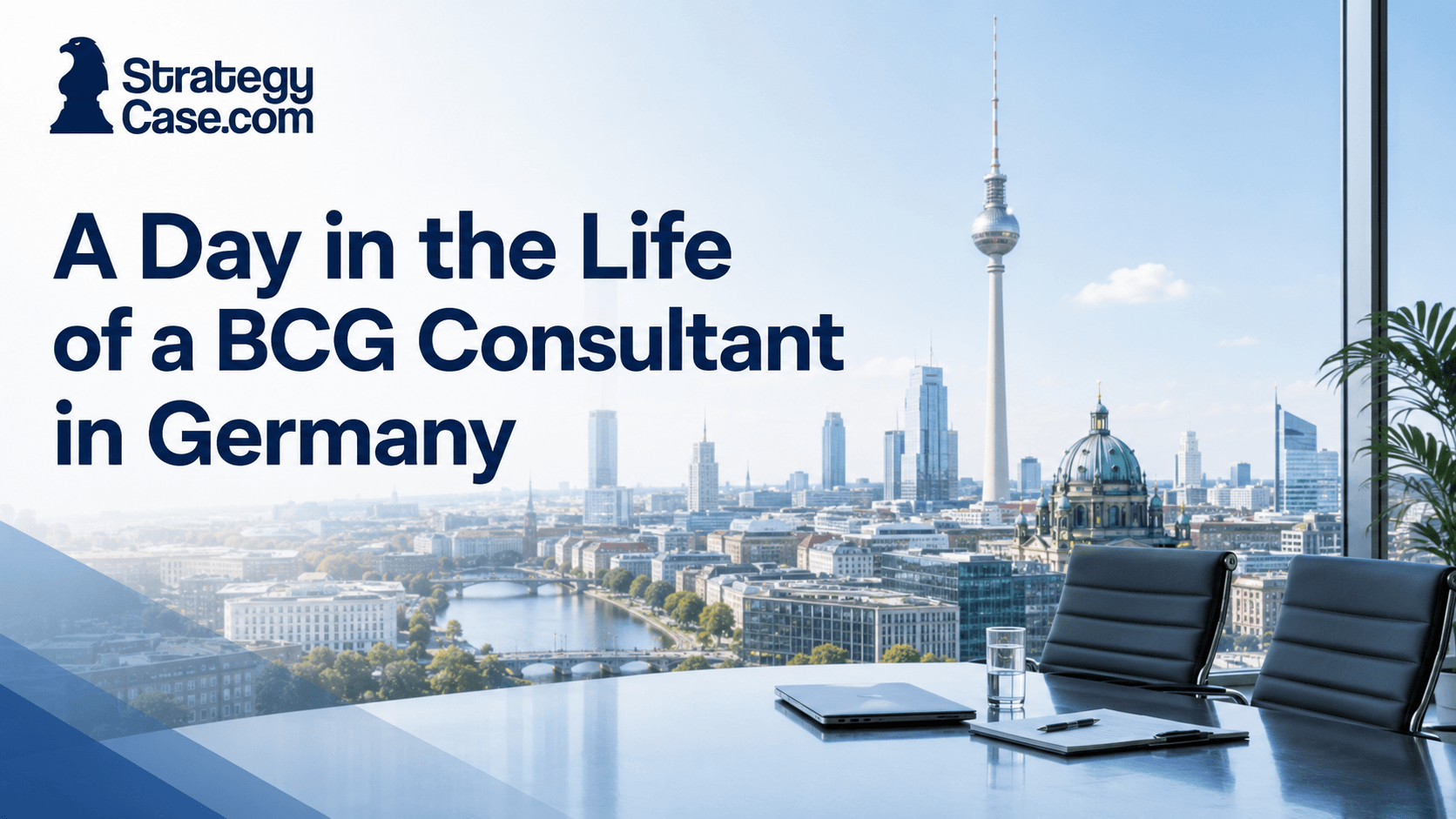 Day in the life of a BCG consultant in Germany cover with a modern office and Berlin skyline