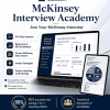 Professional product image for the McKinsey Interview Academy by StrategyCase.com, showing an online course dashboard with case interview lessons, PEI simulations, 40 video lessons, and coaching success proof points.
