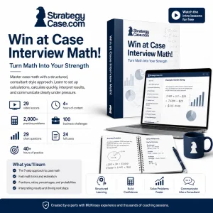 StrategyCase.com case math course product image with laptop, course box, practice stats, and consulting math visuals.