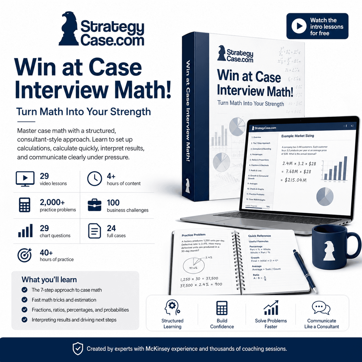 case interview math course StrategyCase.com case math course product image with laptop, course box, practice stats, and consulting math visuals.