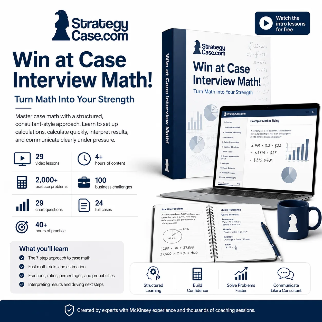 StrategyCase.com case math course product image with laptop, course box, practice stats, and consulting math visuals.