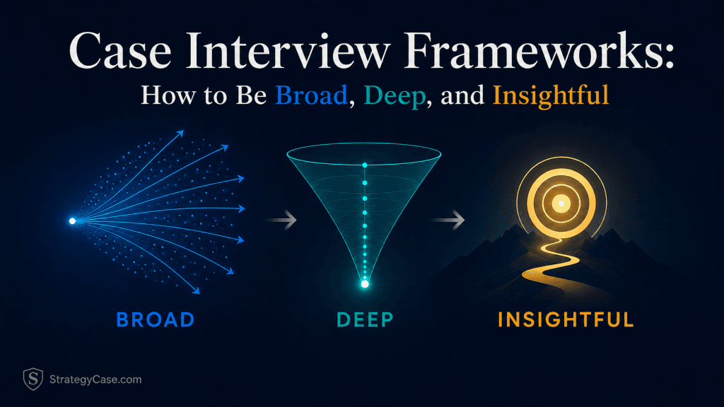 Conceptual cover image for an article on case interview frameworks, showing three visual principles: broad as many outward arrows, deep as a narrowing funnel, and insightful as a glowing target, with the title “Case Interview Frameworks: How to Be Broad, Deep, and Insightful.”
