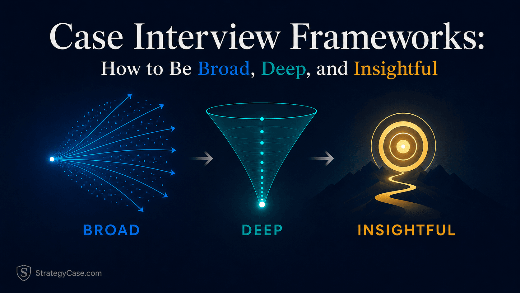 Conceptual cover image for an article on case interview frameworks, showing three visual principles: broad as many outward arrows, deep as a narrowing funnel, and insightful as a glowing target, with the title “Case Interview Frameworks: How to Be Broad, Deep, and Insightful.”