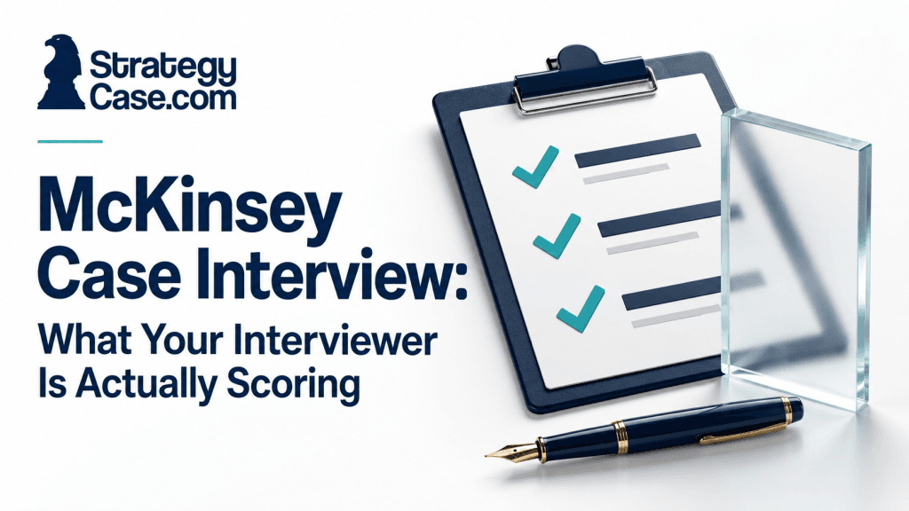 Evaluation clipboard with check marks and a pen, illustrating assessment in a McKinsey case interview.