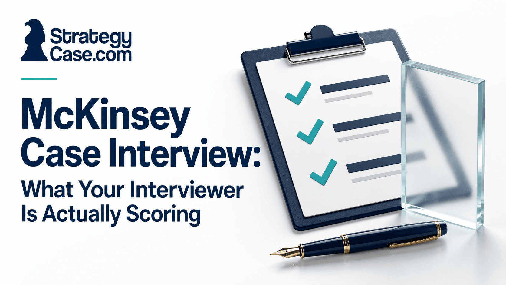 Evaluation clipboard with check marks and a pen, illustrating assessment in a McKinsey case interview.