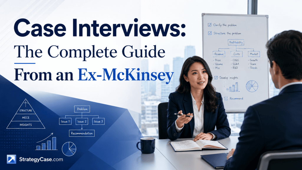 Professional cover image for an article titled “Case Interviews: The Complete Guide From an Ex-McKinsey,” showing a consulting case interview scene with an interviewer, candidate, whiteboard frameworks, charts, and structured problem-solving visuals, with StrategyCase.com branding.