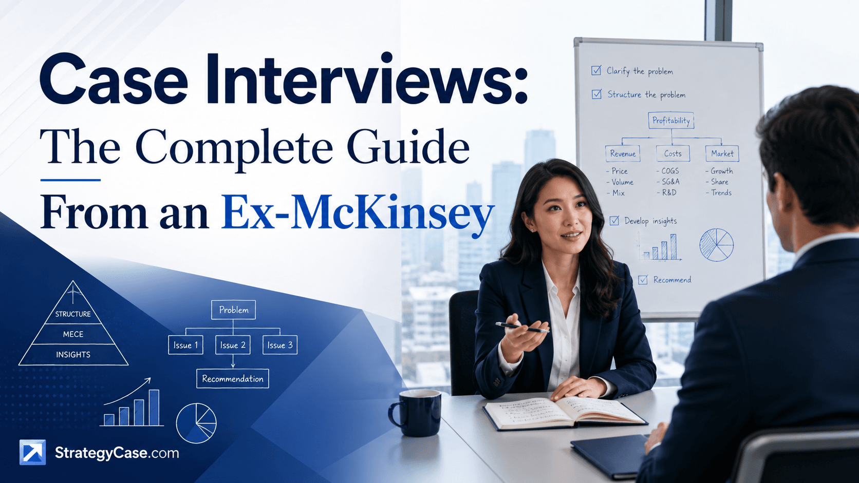 Professional cover image for an article titled “Case Interviews: The Complete Guide From an Ex-McKinsey,” showing a consulting case interview scene with an interviewer, candidate, whiteboard frameworks, charts, and structured problem-solving visuals, with StrategyCase.com branding.