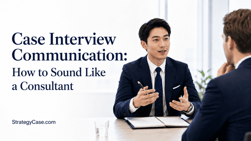 Cover image for an article titled “Case Interview Communication: How to Sound Like a Consultant,” showing a professional candidate in a suit explaining his ideas during a case interview while an interviewer listens across the table. The image includes the StrategyCase.com text mark.
