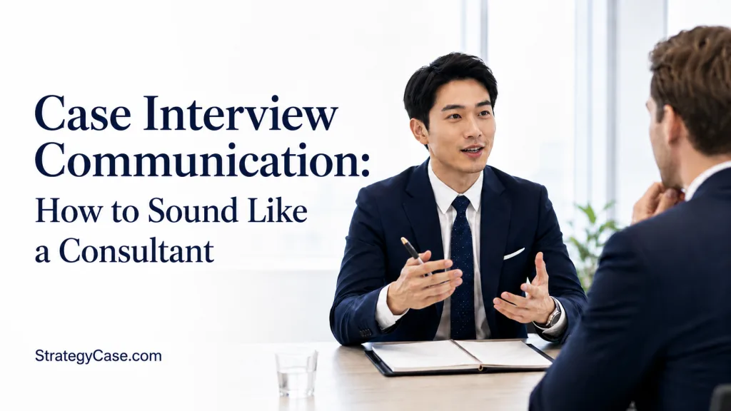 Cover image for an article titled “Case Interview Communication: How to Sound Like a Consultant,” showing a professional candidate in a suit explaining his ideas during a case interview while an interviewer listens across the table. The image includes the StrategyCase.com text mark.