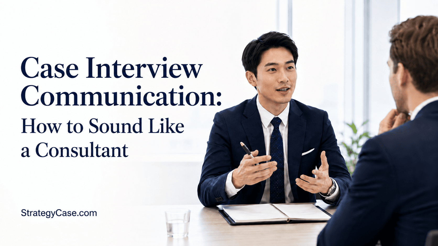 Cover image for an article titled “Case Interview Communication: How to Sound Like a Consultant,” showing a professional candidate in a suit explaining his ideas during a case interview while an interviewer listens across the table. The image includes the StrategyCase.com text mark.
