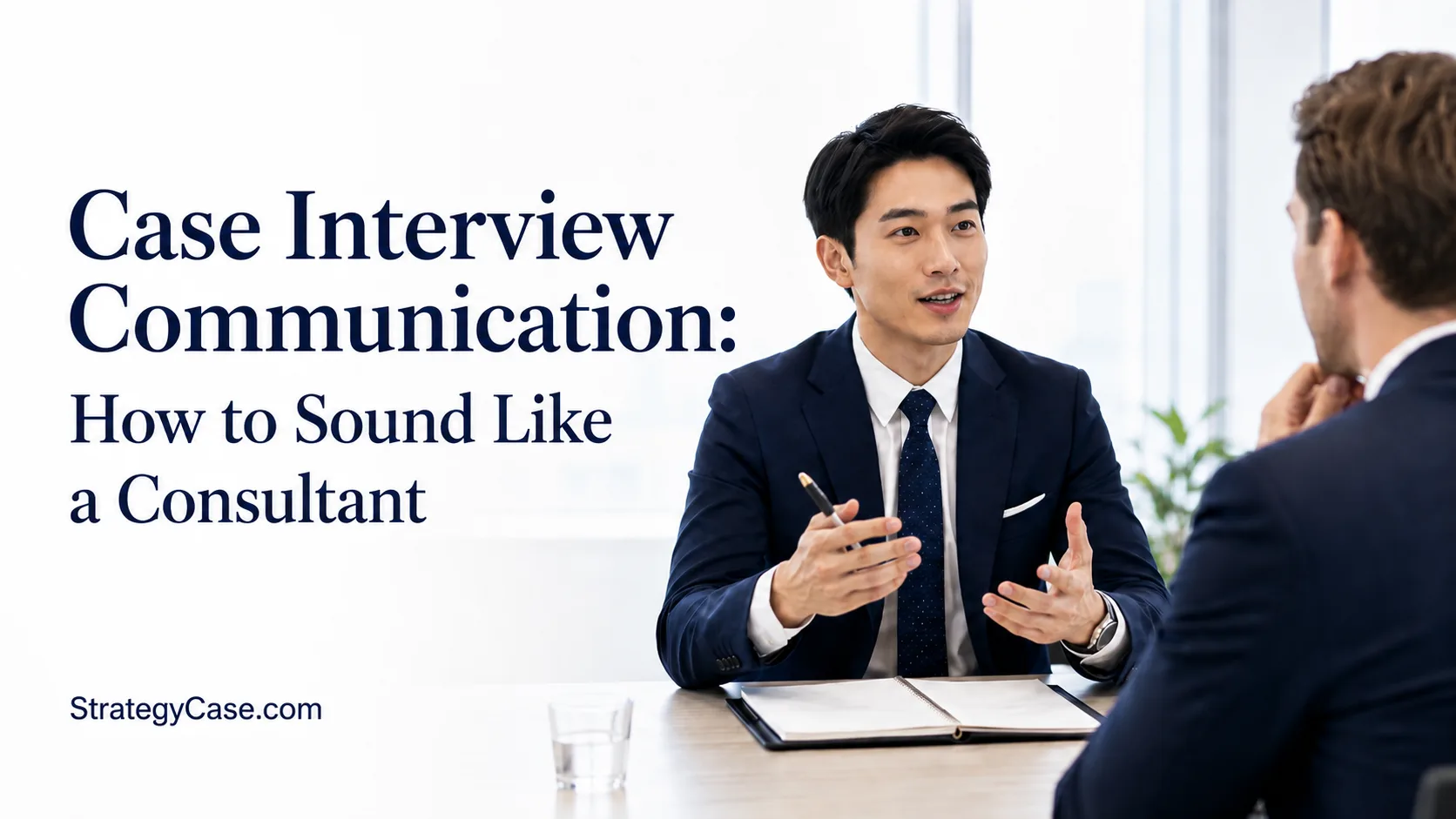 Cover image for an article titled “Case Interview Communication: How to Sound Like a Consultant,” showing a professional candidate in a suit explaining his ideas during a case interview while an interviewer listens across the table. The image includes the StrategyCase.com text mark.