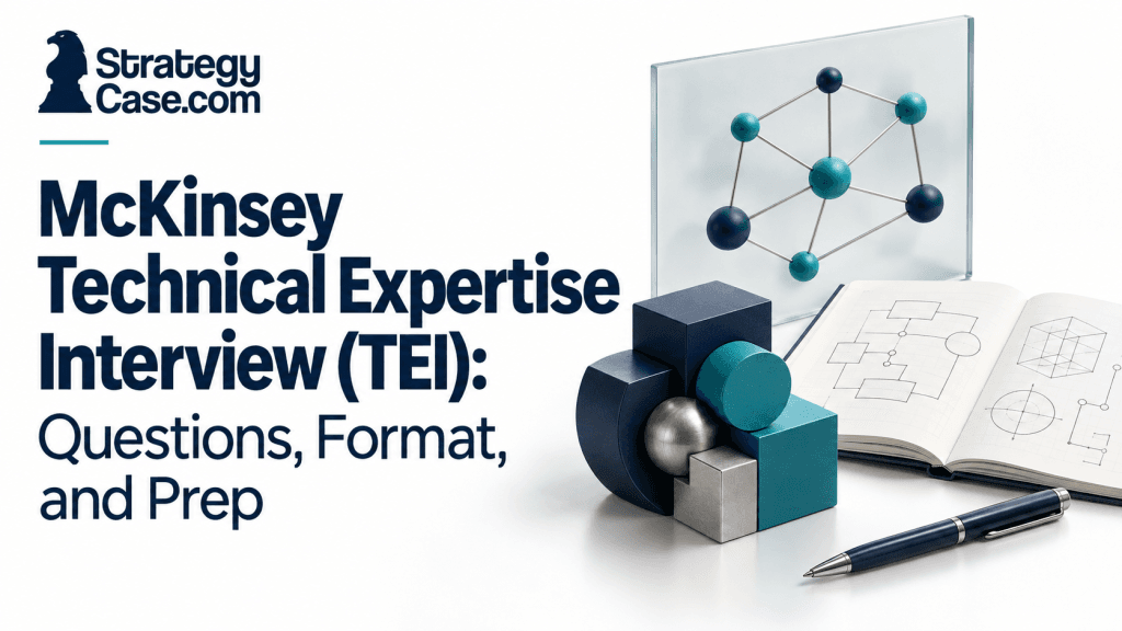 Connected nodes, geometric components, and technical diagrams illustrating McKinsey Technical Expertise Interview preparation.