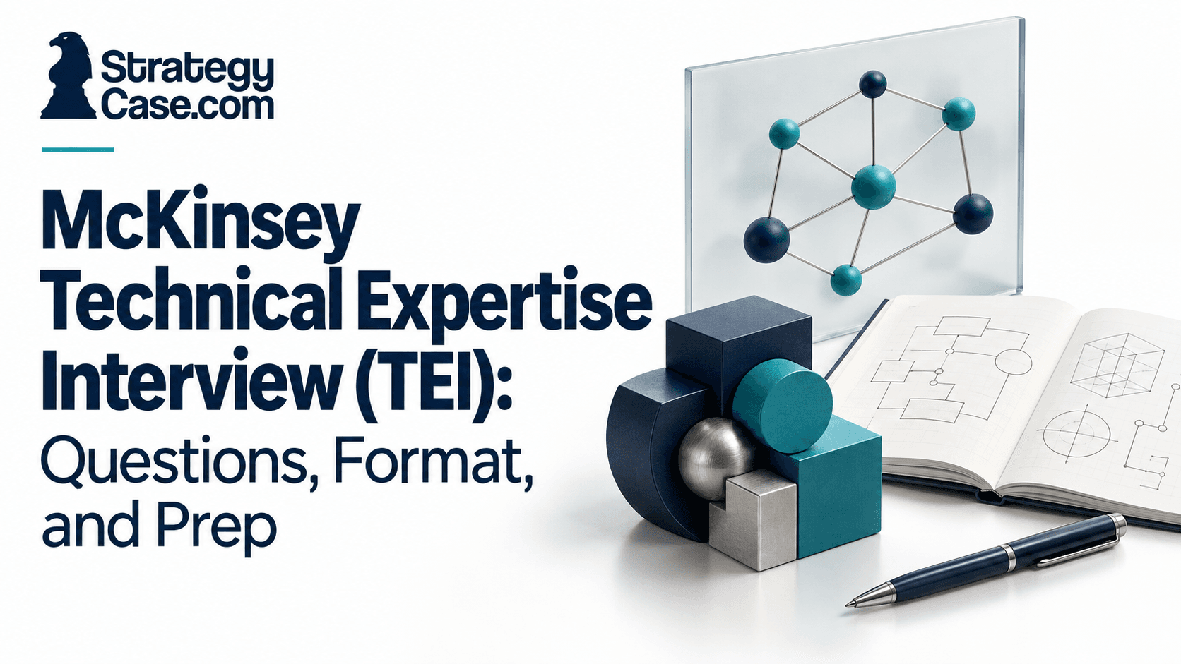 Connected nodes, geometric components, and technical diagrams illustrating McKinsey Technical Expertise Interview preparation.