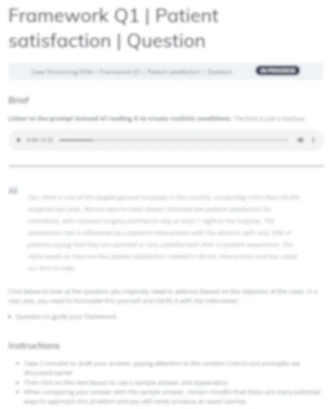 blurred practice question and sample framework answer from the case interview structuring course