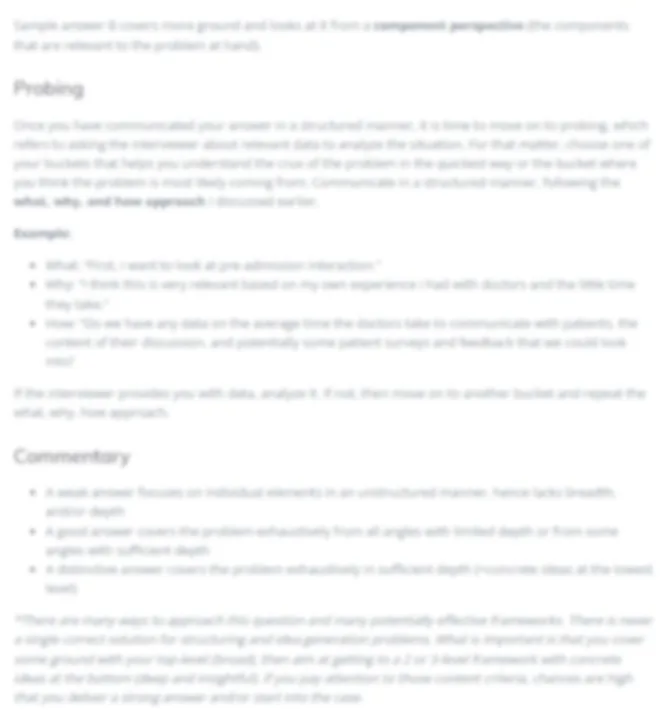 blurred practice question and sample framework answer from the case interview structuring course