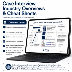 Product image for StrategyCase.com’s Case Interview Industry Overviews & Cheat Sheets, showing a laptop with an example Airlines industry overview and key features including 27 industries covered, revenue and cost drivers, business models, trends, and case interview preparation benefits.